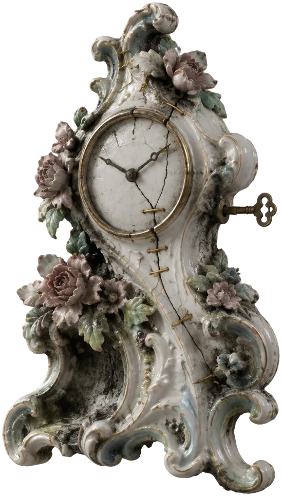 Mantel Clock, jam perapian porselen Rokoko yang retak dan dijahit paku emas