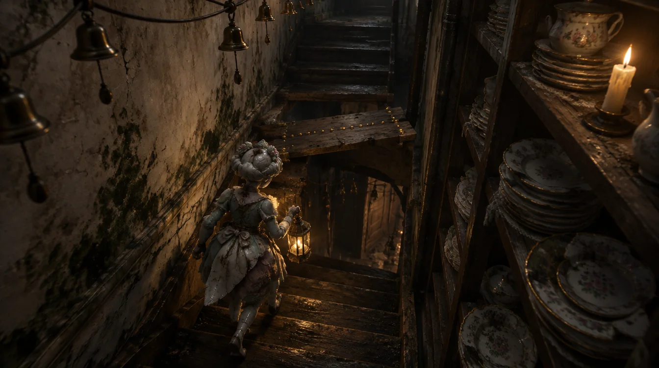 Tangkapan dalam game: lorong pelayan sempit di balik dinding salon, tangga kayu yang patah disambung papan berpaku emas, lonceng pelayan di langit-langit