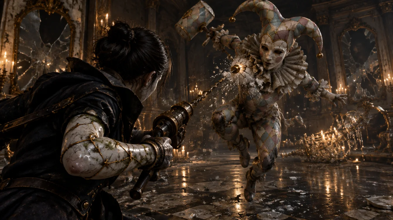 Tangkapan dalam game dari balik bahu Riveter: lengan porselen berjahit emas menembakkan paku keling ke bahu The Harlequin yang melompat di ballroom bercermin retak